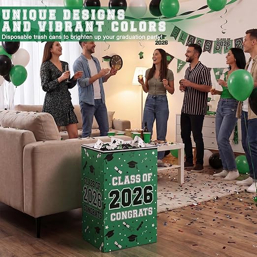 Tinlade 6 Pack 2026 Green Graduation Decoration 13 Gallon Disposable Trash Cans Class of 2026 Party Garbage Bins Large Waterproof Foldable Recycle Pop up Bins for Graduation Party School