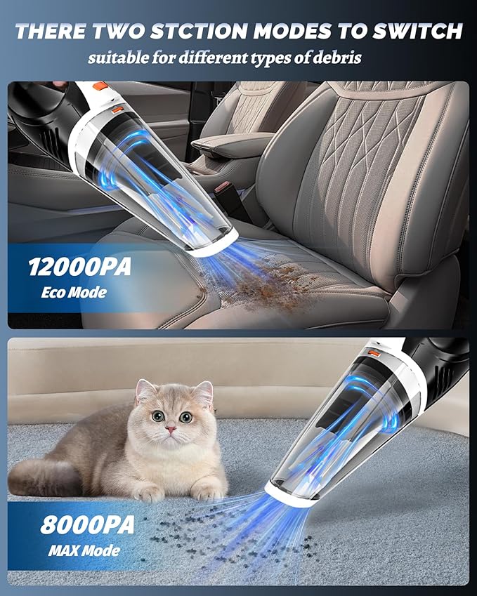 BRL Handheld Vacuum Cordless Brushless Car Vacuum Cleaner with 12000PA Powerful Suction 2 Suction Modes Mini Hand Vacuum Dry &amp Wet Portable Vacuum for Car Pet Hair Home Office Keyboards