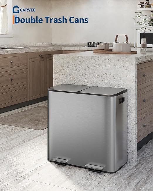 GarveeHome 2 x 10.6 gal Stainless Steel Double Trash Can with Lid for Kitchen Large Dual Trash and Recycle Bin Combo Step-on Kitchen Metal Garbage Cans PP Inner Buckets Liner Rim Matte Grey