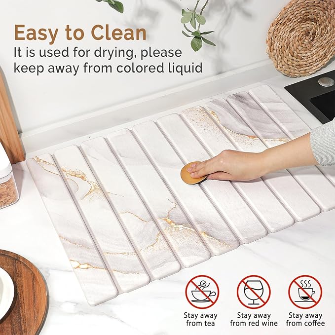 Large Stone Dish Drying Mat for Kitchen CounterQuick Dry Stone Dishes MatsMarbled Water Absorbing Diatomaceous Earth Drying Pad for Countertop Bottles Utensils Cups(Yellow White 24x16&amp8x4)
