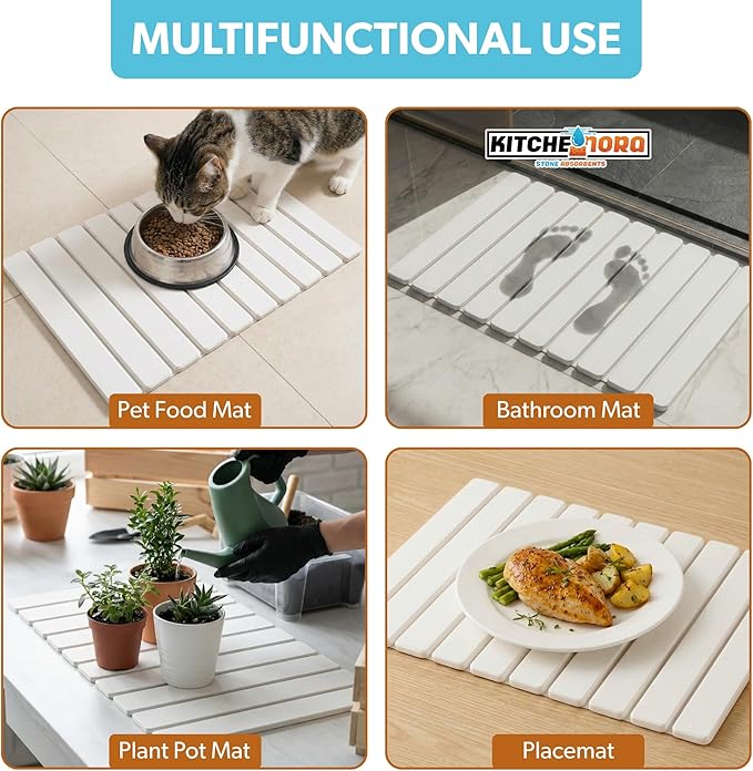 Stone Drying Mat for Kitchen Counter (White Large) - Super Absorbent 30sec Fast-Drying Diatomite Dish Mat Collapsible for Kitchen.