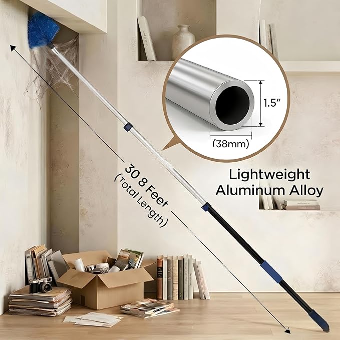 36ft High Ceiling Duster Kits with 5-30ft Heavy Duty Extension Pole - Fan Blade Cleaner Cobweb Remover &amp Blue Window Squeegee Kit Washable Dust Brush for High Roof and Glass Surfaces