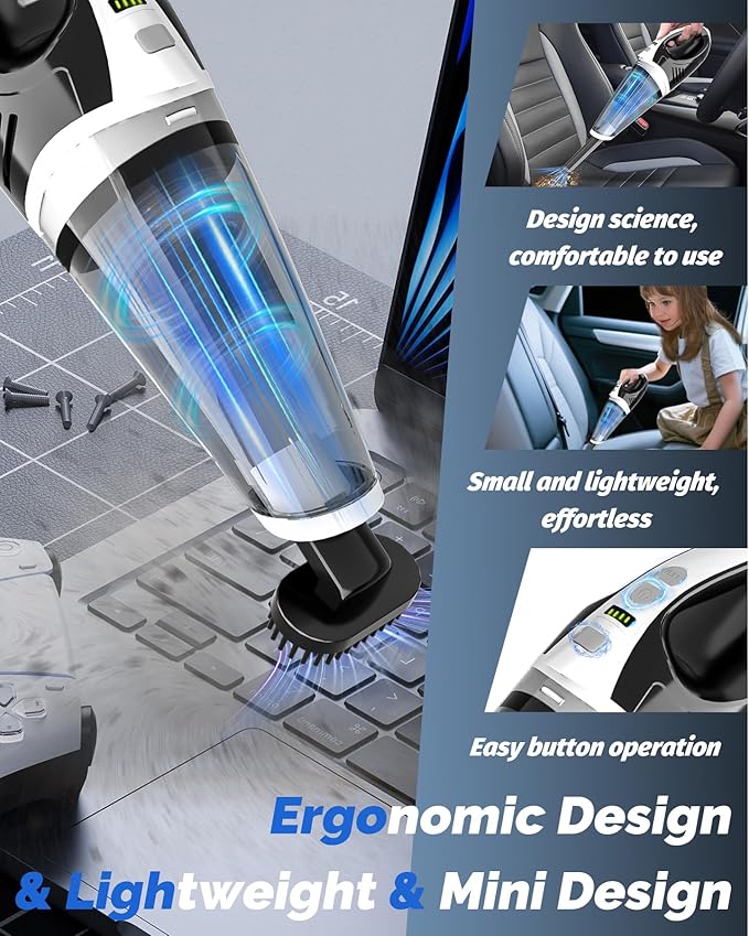 BRL Handheld Vacuum Cordless Car Vacuum Cleaner with Powerful Suction 2 Modes Mini Hand Vacuum Dry &amp Wet LED Light Portable Vacuum for Car Pet Hair Home Office Keyboards White Sliver