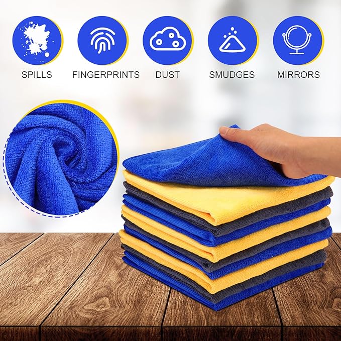Nuenen Microfiber Cleaning Cloths for Cars 16 x 16 Inch Ultra Absorbent Car Towels Drying Reusable Cleaning Supplies House Kitchen Window Microfiber Towel(Blue Gray Yellow60 Pcs)