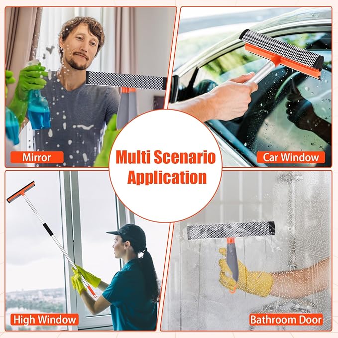 Window Squeegee for Home 2 in 1 Window Cleaning Car Squeegee Windshield Cleaning Sponge and Silicone SqueegeeWindow Cleaner Tool with Extension Pole for Shower Car Mirror Glass Cleaning