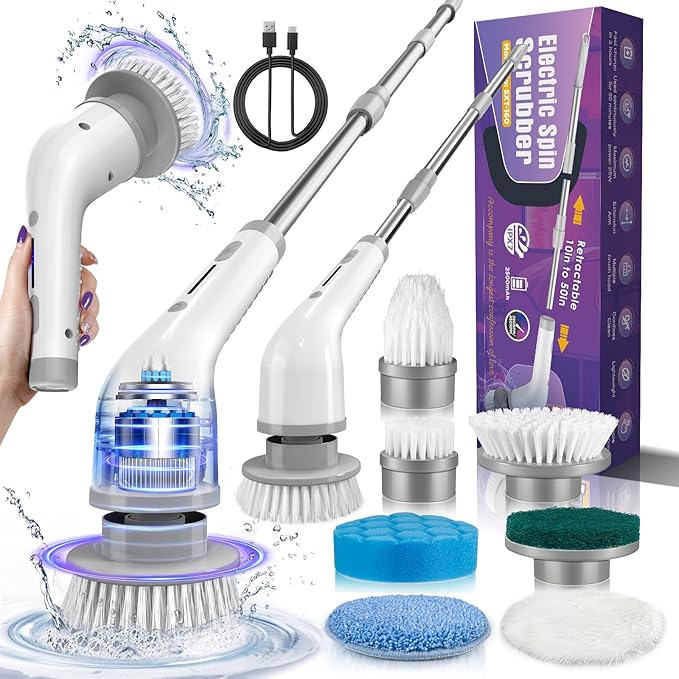 Electric Spin Scrubber Cordless Shower Spin Scrubber with 7 Brush Heads Adjustable Extension Arm 2 Speeds Household Cleaning Brush Bathroom Scrubber Power Spin Scrubber for Car Grout Sink Tub