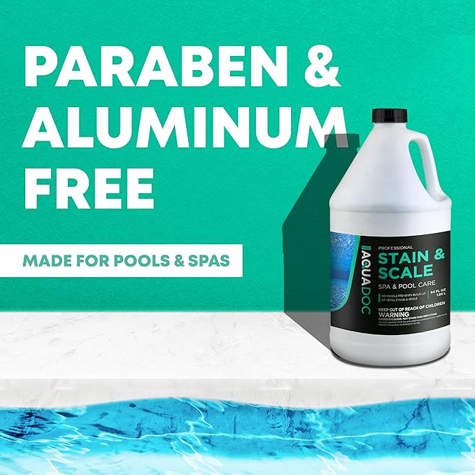 AquaDoc Pool &amp Spa Stain and Scale Control for Hot Tubs - 64oz - Pool Stain Remover That Helps Prevent &amp Remove Calcium Iron Copper &amp Rust Buildup - Made in USA