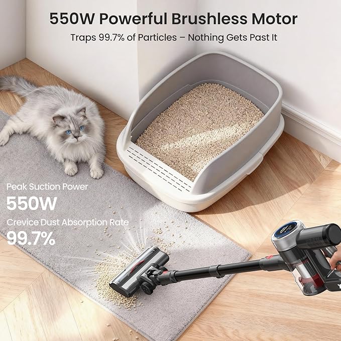 Xlife Cordless Vacuum Cleaner 45KPa 550W for Pet Hair &amp Multi-Surface Greenlight Reveal Dust 7-Stage HEPA Filter Long Runtime Anti-Tangle Roller Adjustable Stick Lightweight (P2)