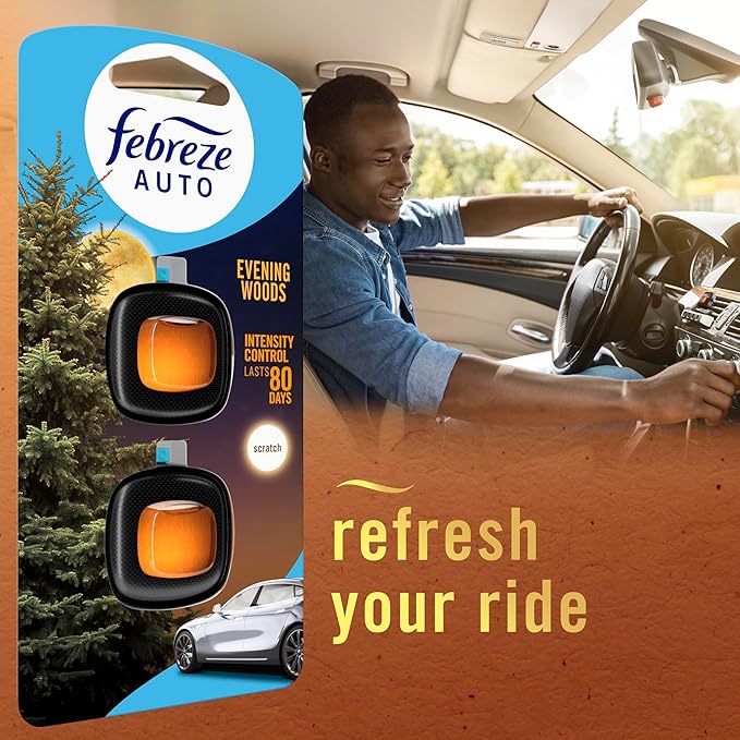 Febreze AUTO Air Freshener Odor-Fighting Automotive Vent Clip Evening Woods Scent 8 Count
