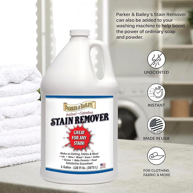 Parker &amp Bailey Liquid Stain Remover - Instant Stain Removal on Laundry Clothing Fabric Ink Grease Blood Grass Coffee Wine Food Carpet Upholstery Spot Cleaner Odor Free Detergent Booster - Gallon