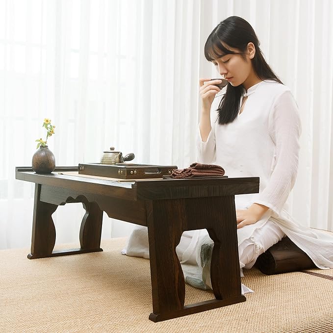 Japanese Wood Floor Table with Foldable Legs - Coffee Tables for Living Room Bed Desk TrayMeditation Altar Laptop Desk