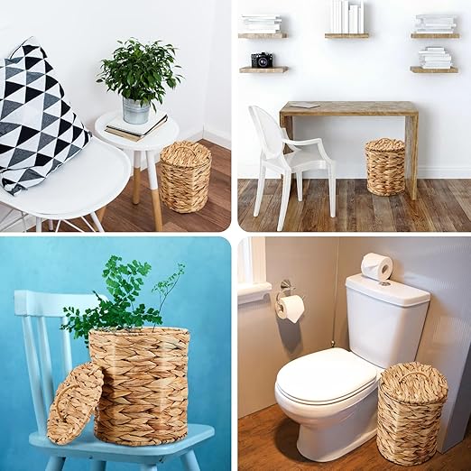 Ctosree 3.8 Gallons Large Wicker Trash Can with Lid Handle Woven Wicker Rattan Bathroom Waste Basket Boho Trash Basket with 100 Plastic Garbage Bags for Bedroom Office Laundry (Classic Style Nautral)