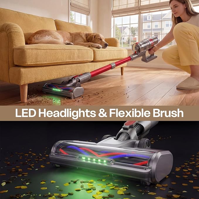 Cordless Vacuum Cleaner 600W/50KPA Up to 60 Minutes Stick Vacuum with Rechargeable Design Powerful Suction Lightweight Vacuum Cleaner for Home/Pet Hair/Carpet/Hard Floor Red