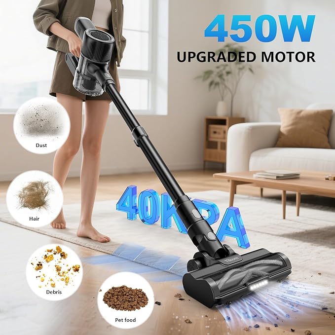 Tikom Cordless Vacuum Cleaner for Home 40000Pa/450W Stick Vacuum with Charging Wall Dock Anti-Tangle Lightweight Handheld Vacuum for Pet Hair Hard Floor Carpet V450