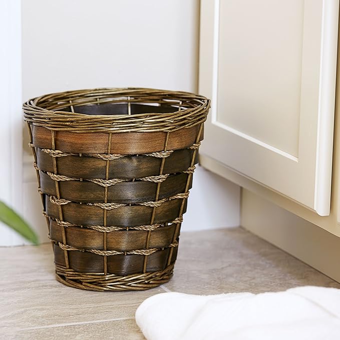 Household Essentials Haven Wicker Waste Basket Small Willow and Poplar Basket with Removable Plastic Liner Handwoven Decorative Compact Great for the Bathroom Bedroom or Office Green