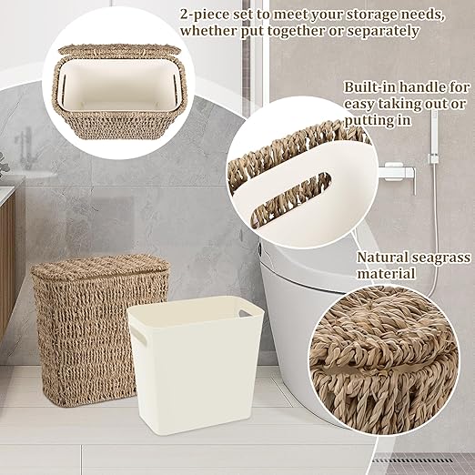 Wicker Waste Basket with Lid and Liner Woven Seagrass Trash Can Bathroom Trash Can Boho Garbage Wastebasket for Bedroom Home Living Room Office Kitchen 2.5 Gallon