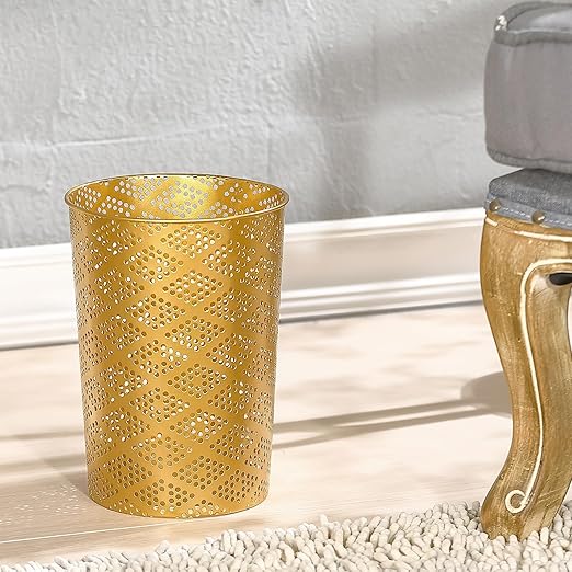 Metal Gold Trash Can Modern Cylindrical Gold Garbage Can Metal Waste Basket for Office Bathroom Bedroom &amp Small Spaces 7.28 D x 10 H
