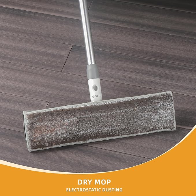 Flat Microfiber Mop for Floor Cleaning 15.7 in (40 cm) Aluminum Base 4-Section Aluminum Handle 52 in Dry &amp Wet Use 4 Washable Pads Debris Scraper – LJGG (Gray/White)