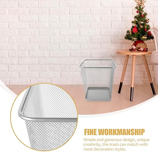 PRETYZOOM Household Metal Mesh Design Trash Can Breathable Large Waste Bin for Bedroom Living Room Kitchen and Office Sleek Silver Square Garbage Container