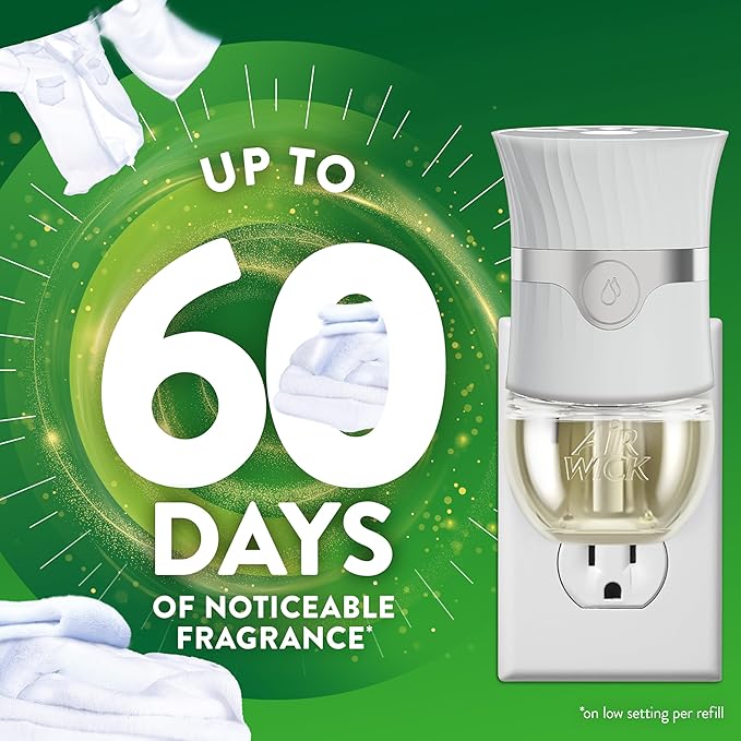 Air Wick Plug in Scented Oil Starter Kit 2 Warmers + 6 Refills Fresh Linen Same Familiar Smell of Fresh Laundry Eco Friendly Essential Oils Air Freshener
