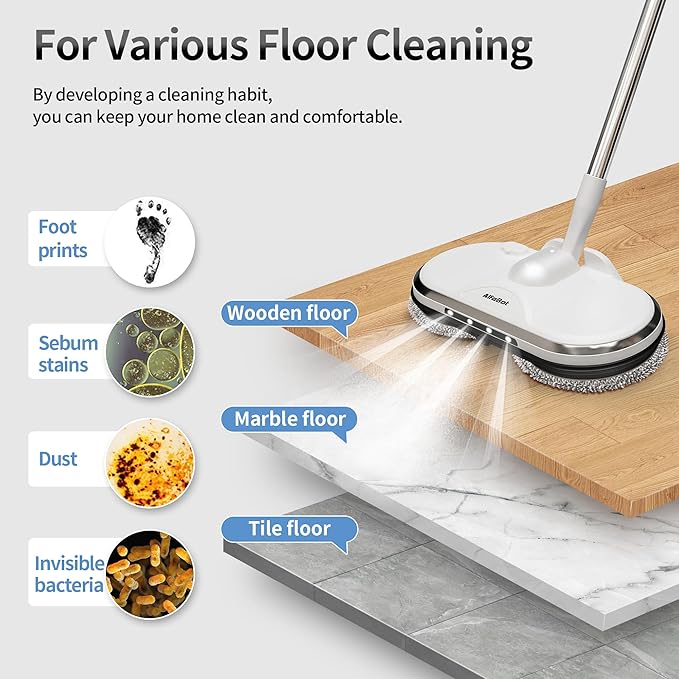 Electric Mop AlfaBot WS-24 Cordless Spin Mop for Floor Cleaning Lightweight &amp Rechargeable Floor Cleaner with Water Sprayer and LED Headlight for Hardwood and Tile Floors White