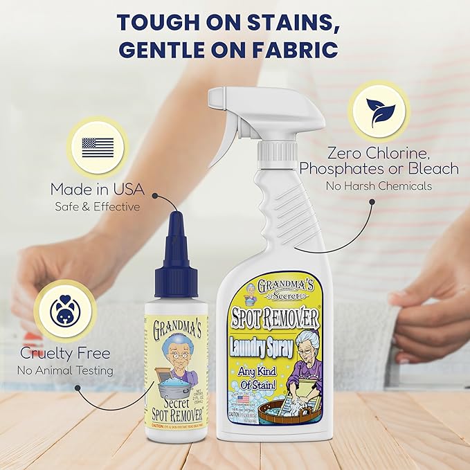 Grandma's Secret Spot Remover Laundry Spray - Chlorine Bleach and Toxin-Free Fabric Stain Remover for Clothes - Removes Oil Paint Blood and Pet Stains - 16 Oz 2 Pack