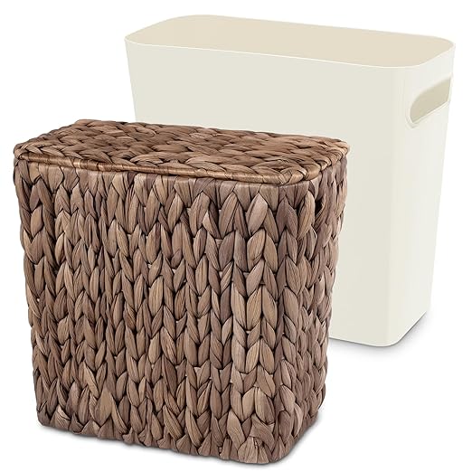 Wicker Trash Can with Lid and Liner Handwoven Wicker Waste Basket Water Hyacinth Bathroom Trash Can Boho Rattan Garbage Wastebasket for Bedroom Home Living Room Office 2.5 Gallon Espresso