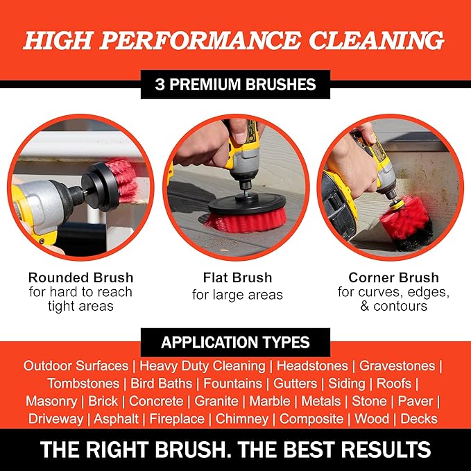 Drillbrush Heavy Duty Stiff Bristle Brush Kit – Power Scrubber Attachment for Concrete Brick Siding Stone Driveways Fireplaces Hard Water Stains Gravestone &amp Cemetery Headstone Cleaning Bru