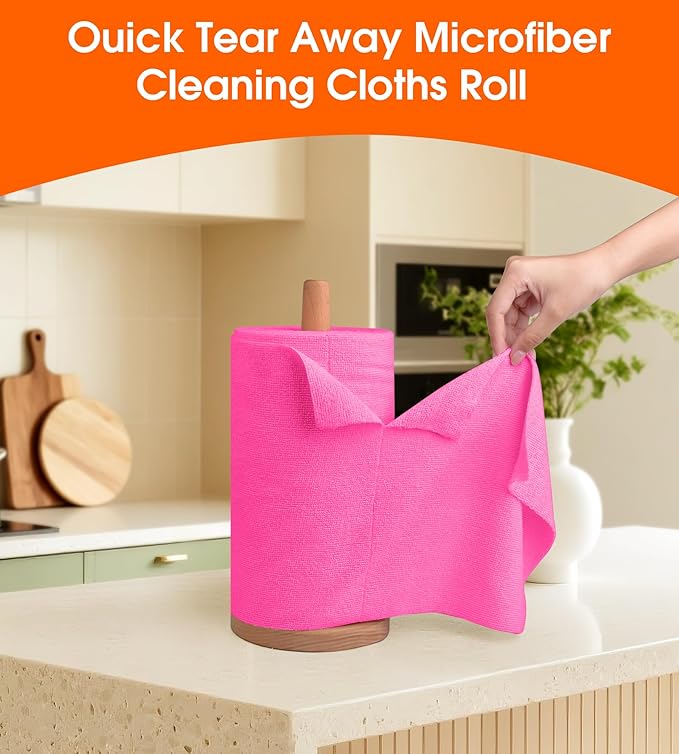 Microfiber Cleaning Cloth Roll - 100 Pack Tear Away Microfiber Paper Towels Reusable Washable Scratch-Free Kitchen Towels for Car Home Kitchen Glass Dishes (Hot Pink)