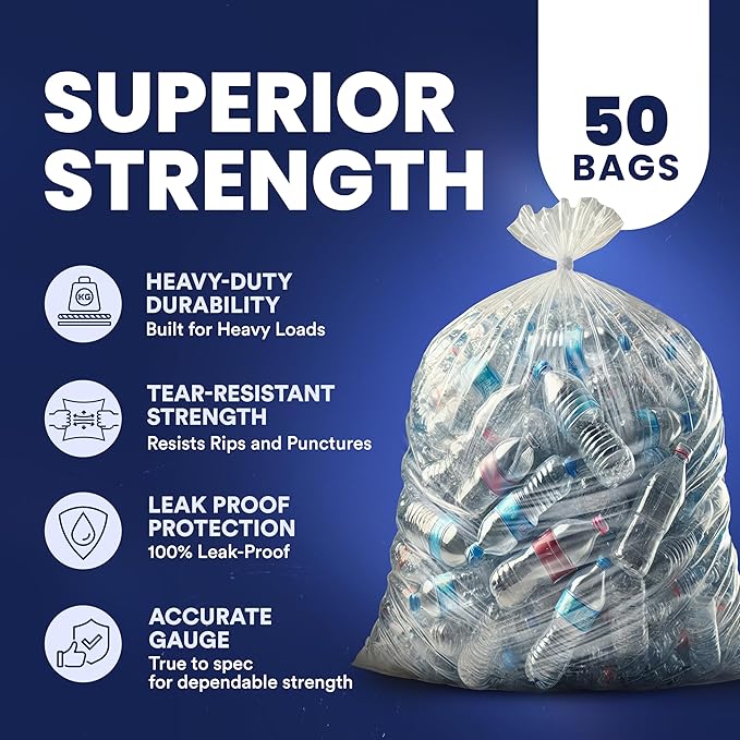 Plasticplace 95-96 Gallon Garbage Can Liners 1.5 Mil Clear Heavy Duty Trash Bags 61 x 68” 50 Count