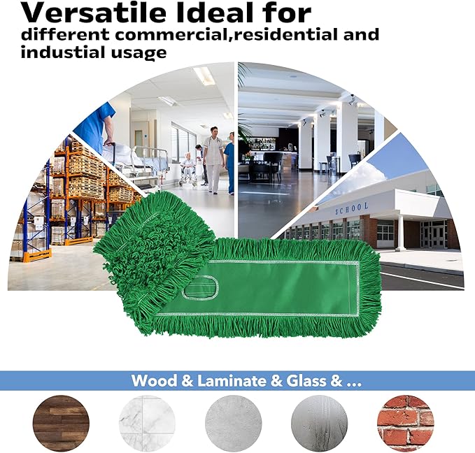 Matthew Cleaning 36'' Industrial Strength Cotton Dust Mop Refill Washable Replacement Heads for Residential &amp Commercial Use Fit Standard Dust Mop Frames Hardwood Concrete Floors Green 6 Pack