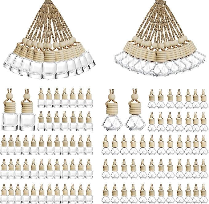 100pcs 8ml Hanging Car Air Freshener Diffuser Car Diffuser BottlesEmpty Refillable Clear Glass Essential Oil Fragrance Perfume Pendant Glass Vials with Wooden Caps Car Diffuser Air Freshener