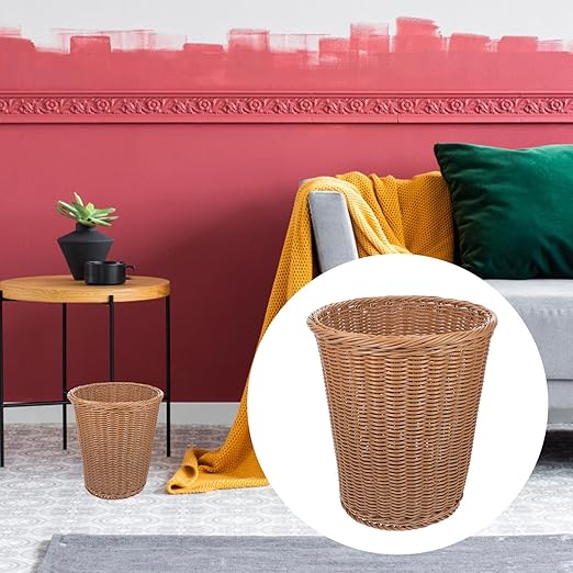 FUOYLOO Woven Wastebasket Trash Can Rust-Resistant Iron Frame Simulated Rattan Design Brown Open-Top Home and Office Trash Container for Bedroom and Living Room Use