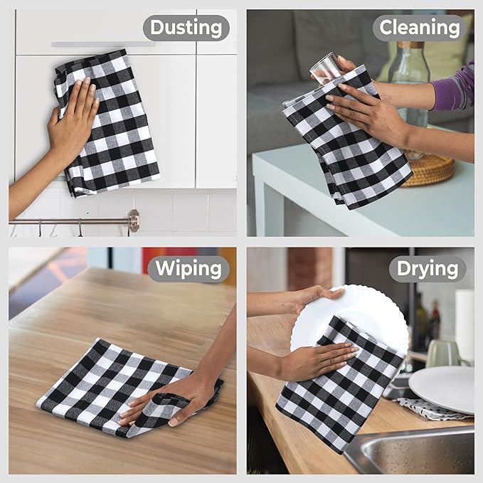 Urban Villa Kitchen Towels 100% Cotton Dish Towels for Kitchen (Set of 6) 20”x30” Dish Cloths Highly Absorbent Kitchen Linen Set with Hanging Loop Perfect for Drying Dishes Cleaning – Black White