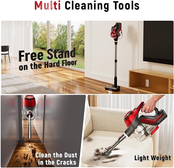 Cordless Vacuum Cleaner for Home Stick Vacuum 40Kpa Smart Display &amp 1.5L Dust Cup MAX 40mins Runtime Rechargeable Lightweight Handheld Vavuum for Pet Hair/Carpet/Hardwood Floor/Car (Crimson)