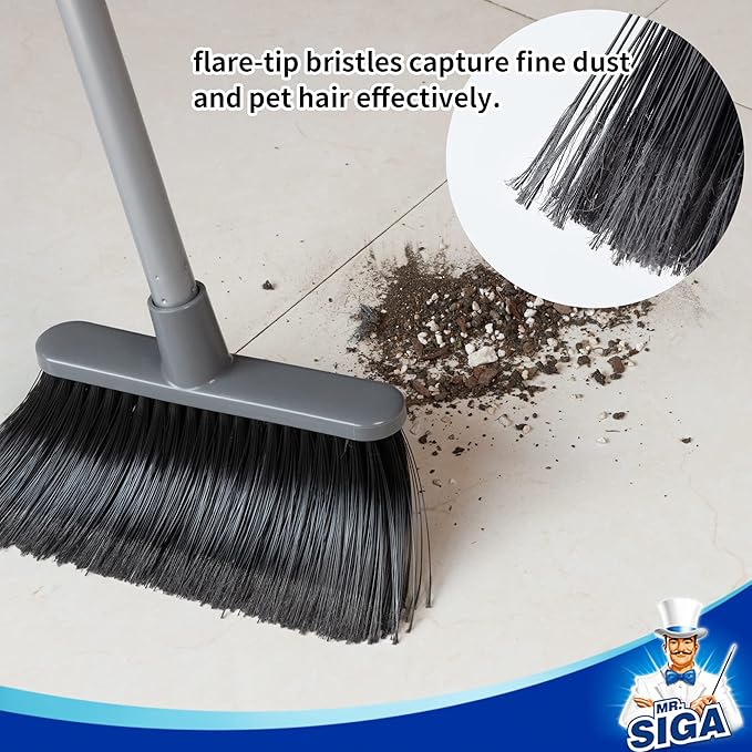 MR.SIGA Broom and Dustpan Set with Adjustable Long Handle Upright Combo for Floor Cleaning Lobby Gray