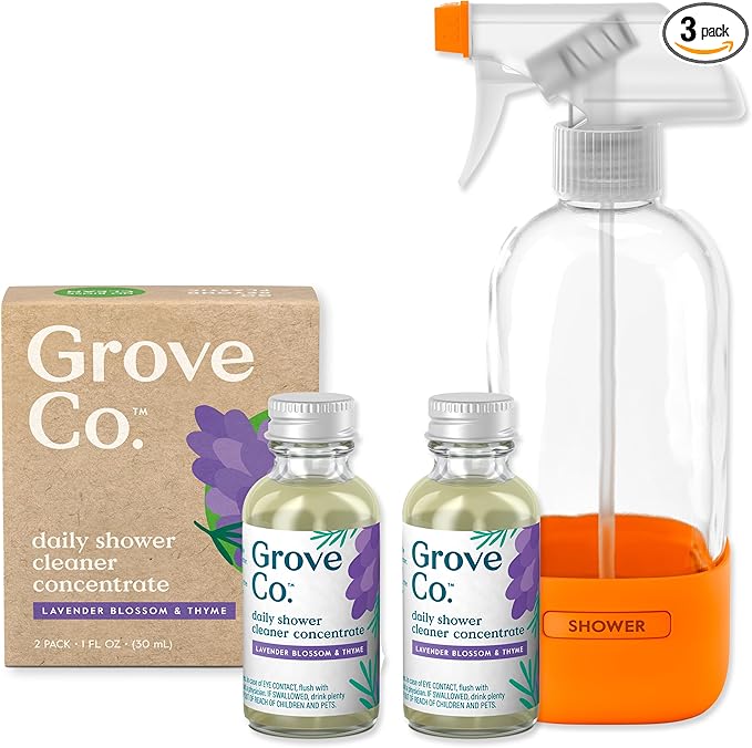 Grove Co. Daily Shower Cleaner Refill Concentrate (2 x 1 Fl Oz) + 1 x Reusable Glass Spray Bottle (16 Oz) Plant-Based Cleaning Supplies Reduced Plastic Lavender Blossom &amp Thyme Fragrance