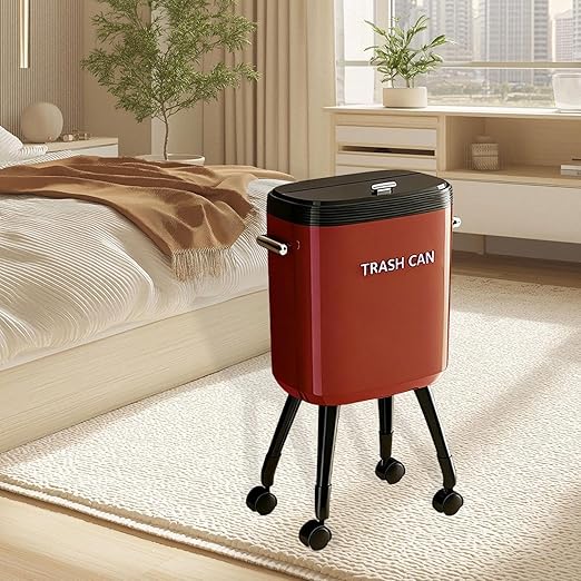 Garbage Can with Legs Dustbin High Foot 15L Large Capacity Household No Bending Wastebasket for Office Bedroom Kitchen Toilet Red with Caster