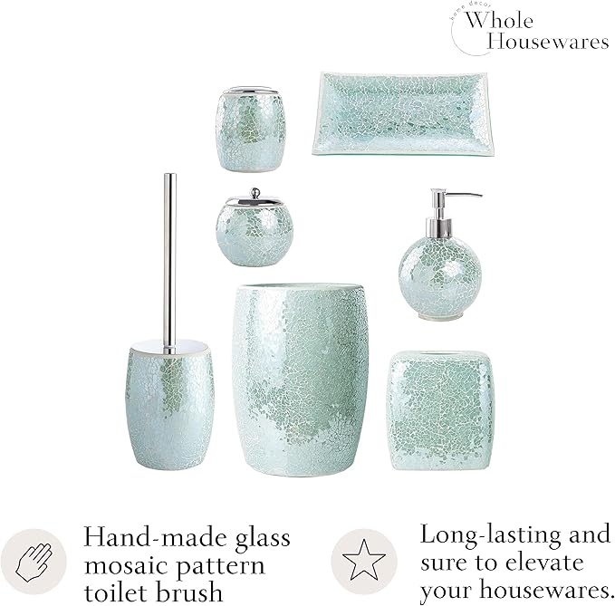 WHOLE HOUSEWARES Modern Toilet Brush Set Turquoise (1 Glass Mosaic Bathroom Accessory)