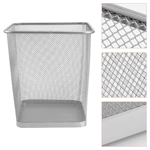 Metal Office Trash Can Small Square Silver Iron Mesh Waste Basket Bottom Paper Bin for Bathroom Bedroom Kitchen Living Storage