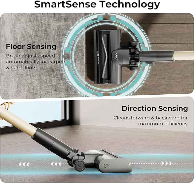 Candy Cordless Stick Vacuum Cleaner 650W/320AW Powerful Suction Up to 100min Flexi-Fold Tube SmartSense Tech LED Headlights Pet Hair Pickup Pet &amp Crevice Tools for Hard Floor &amp Carpet