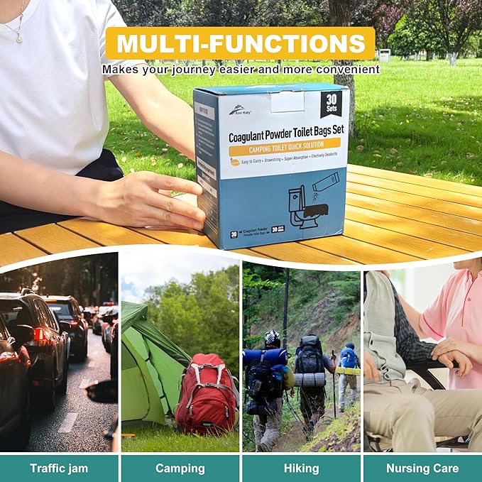 Super Absorbent Polymer 30 PacksPortable &amp Fast-Absorbing Camp Toilet Chemicals Gel with 5 Gallon Bucket Toilet Luggable Drawstring Bag Emergency Toilet Bag&ampPotty Gel