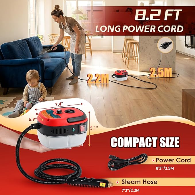 2500W Handheld Steam Cleaner Pressurized Steam Cleaning Machine with 3 Brush Heads 20s Heat Up 1L Tank Multipurpose Mini Portable Steamer for Tile Grout Furniture Kitchen Car Home
