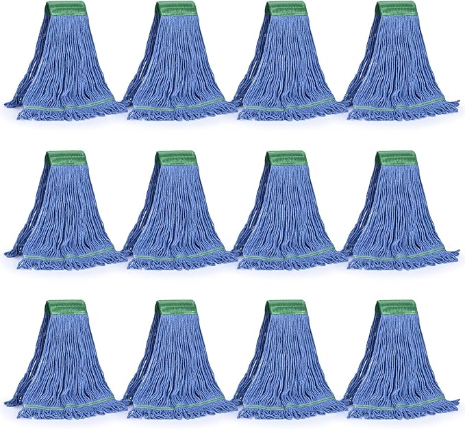 Matthew Cleaning Commercial Mop Head Replacement 5 Inch Wide Headband Looped End Cotton Blend String Wet Mops for Floor Cleaning 28 oz Extra Large Case Pack 12 Pcs Blue