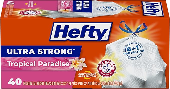 Hefty Ultra Strong Tall Kitchen Trash Bags Tropical Paradise Scent 13 Gallon 40 Count