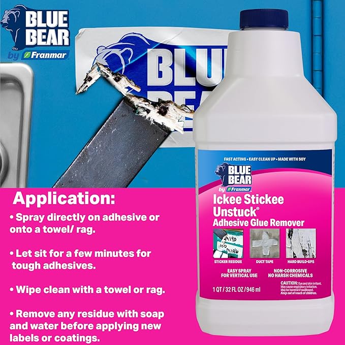 Blue Bear Ickee Stickee Unstuck Adhesive Remover – Fast-Acting Low-Odor Natural Citrus &amp Soy Formula – Removes Sticker Label Tape &amp Glue Residue from Most Hard Surfaces (1 Quart)