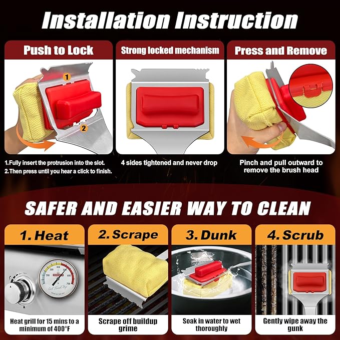 Steam Safe Grill Cleaning Brush Bristle Free for Outdoor Grill with 15 Extended Handle 3X Thick Aramid Fabric Replaceable Brush Heads Heavy Duty Triple-Groove Scraper Design for All Grates Red