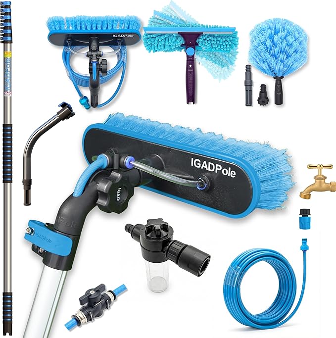 IGADPole 28 FT Water-Fed Washing Kit with Soap-Dispenser Brush 10″ Squeegee &amp Cobweb Duster for Windows Gutters Solar Panels &amp Exterior Walls