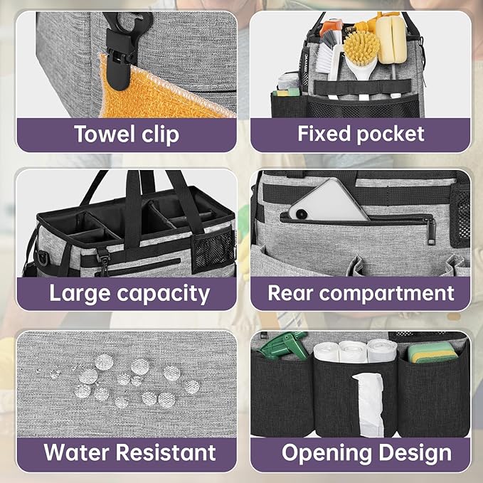 Wearable Cleaning Caddy Bag for Cleaning SuppliesLarge Capacity Cleaning Organizer Grey
