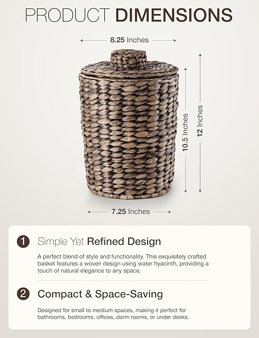 2 Gallons Wicker Waste Basket - Water Hyacinth Bathroom Trash Can - Garbage Can with Lid Boho Style - Wicker Trash Can with Lid for Bedroom Kitchen - Removable Liner Handwoven (Black Color)